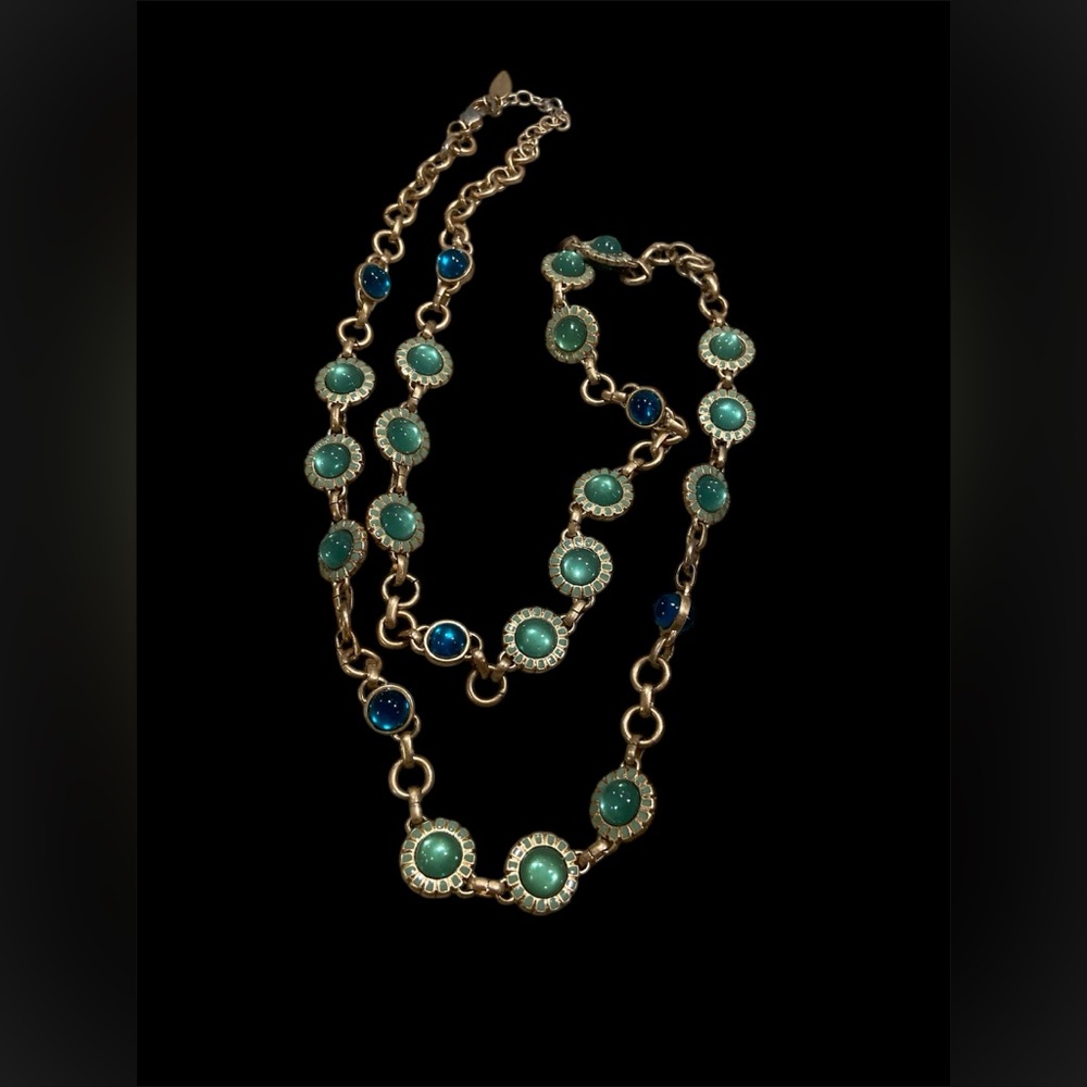 Elegant Antique Gold with Green and Blue Gems Necklace